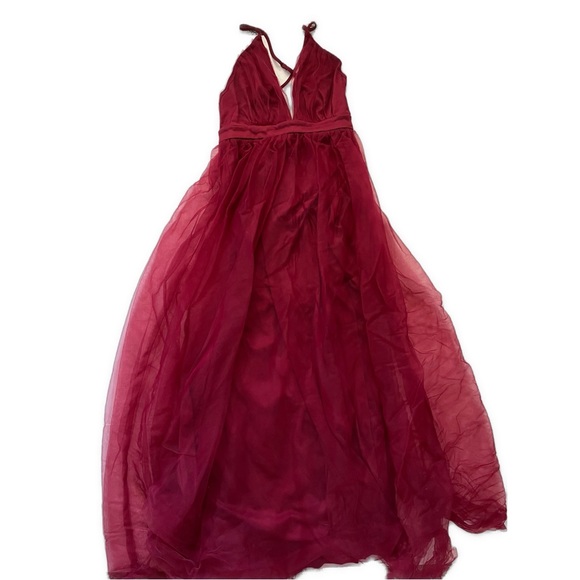 🎉6/$26🎉SHEIN Red Plunge Neck Split Thigh Tulle Dress - Picture 4 of 4